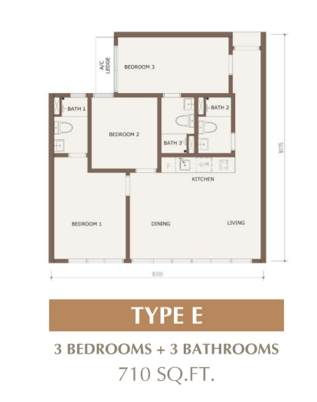 Type E floor plan — 710 sq ft