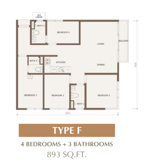 Type F floor plan — 893 sq ft