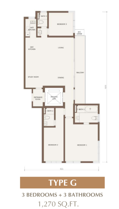Type G floor plan — 1,270 sq ft